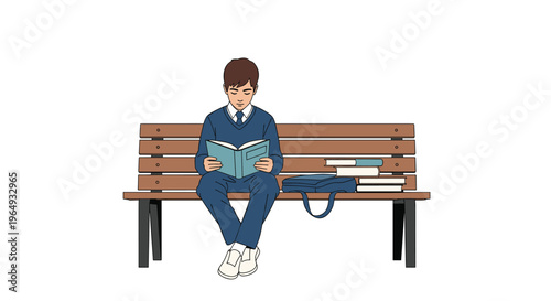 Diligent schoolboy in a blue uniform sitting on a park bench and reading a book with his backpack and books beside him.