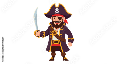 Courageous cartoon pirate captain wearing a traditional hat and holding a sharp sword ready for an adventure at sea.