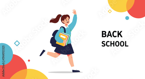 Energetic schoolgirl in a blue sweater and skirt running to school with books and a backpack while waving goodbye.