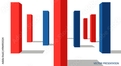 Abstract 3D Bars, Red and Blue Columns, Perspective View, White Background
