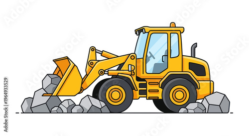 Yellow Front Loader Tractor Scooping Rocks and Gravel on Construction Site