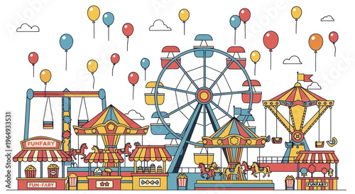 Amusement Park Funfair Carousel Ferris Wheel Rides and Balloons Flat Design