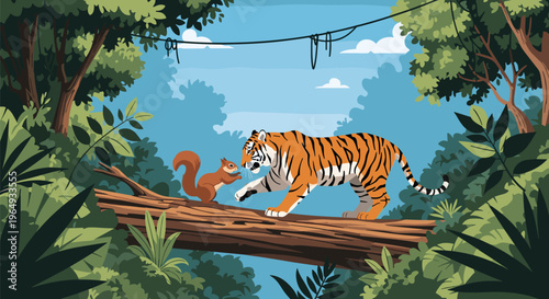 Dynamic scene of a tiger walking across a fallen log in a lush jungle while a small squirrel watches from the other side of the branch.