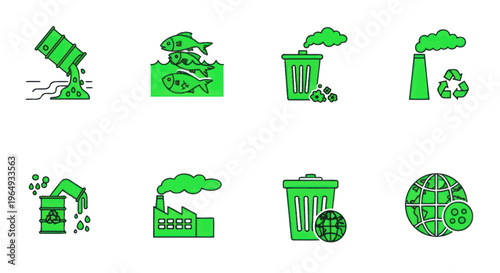 Environmental pollution icons: factory, waste, toxic barrel, dead fish, global impact