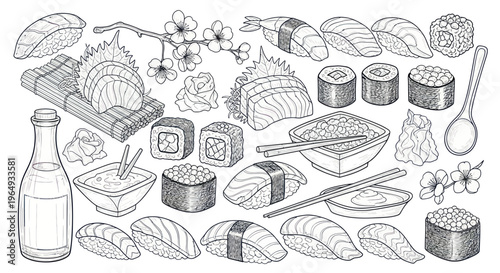 Hand-Drawn Sushi and Sashimi Assortment with Cherry Blossoms