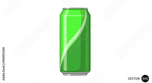 Green soda can with white swirl design, isolated on white background