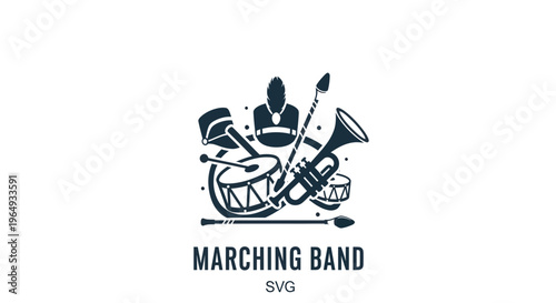 Marching Band Music Instruments and Conductor Silhouette Icon Set