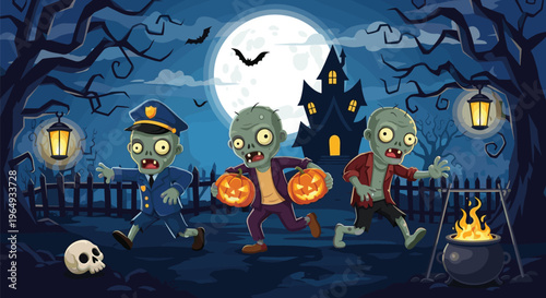 Spooky cartoon zombies running through a dark graveyard at night with a full moon, haunted house, and a boiling cauldron over a fire.