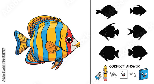 Educational fish shadow matching game for children featuring a colorful striped fish and several black silhouettes for a fun puzzle.