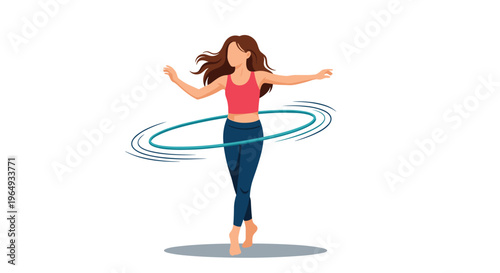 Active young woman with long hair exercising with a blue hula hoop, shown in a dynamic pose against a simple and clean white background.