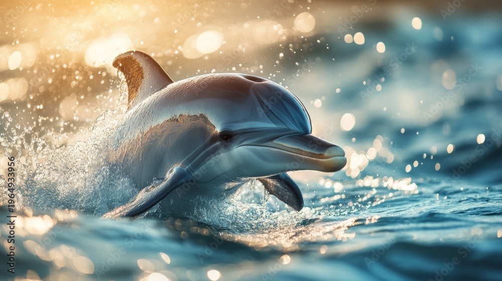 Fototapeta premium dolphin emerging from water, droplets suspended mid air, generative ai