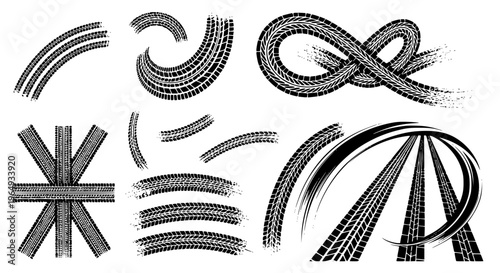 Tire tread marks after skidding, launch, drift, powerslide in motorsport, rally, off-road, motocross. Wheel texture with splash effect. Vector, transparent background SVG version.