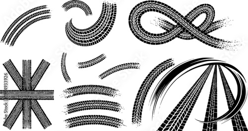 Tire tread marks after skidding, launch, drift, powerslide in motorsport, rally, off-road, motocross. Wheel texture with splash effect. Vector, transparent background EPS version.