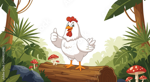 Friendly white chicken giving a thumbs up while standing on a fallen log in a lush forest with green plants and red spotted mushrooms.