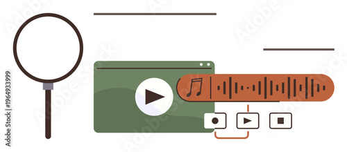 Online learning, digital media, audio editing, streaming service, content creation, entertainment. Magnifying glass with a music platform. Online learning and digital media concept