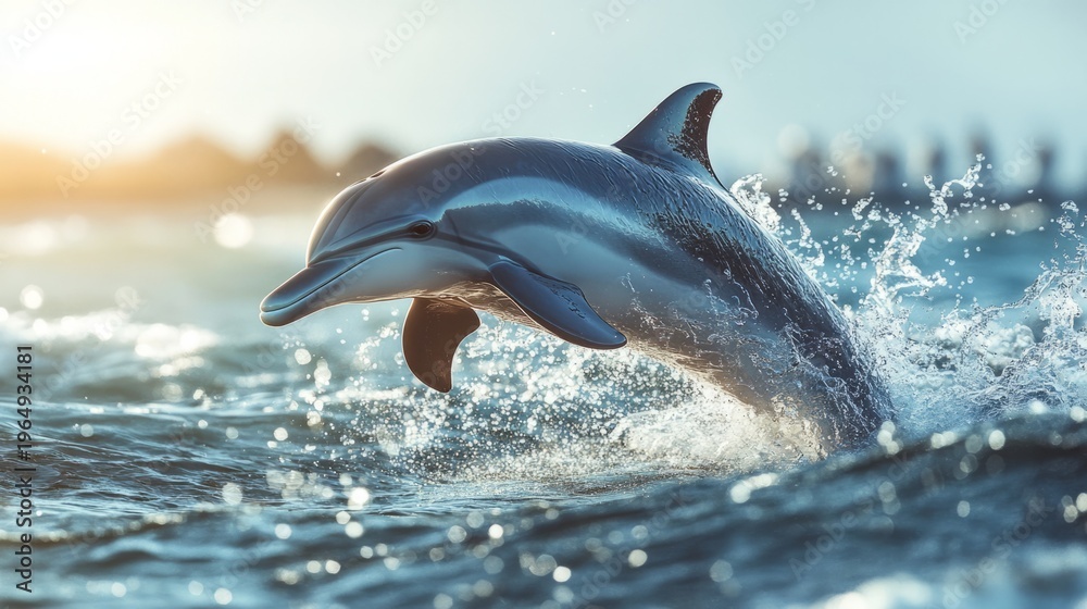 Fototapeta premium dolphin emerging from water, droplets suspended mid air, generative ai
