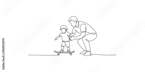 Man helping a young boy learn to ride a skateboard child person people help support