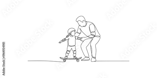 Man teaching a small child to ride a skateboard with protective gear kid father parent