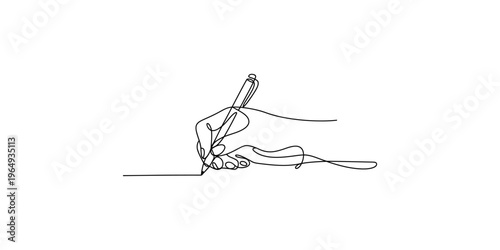 Continuous line drawing of a hand holding a pen and signing a document signature art
