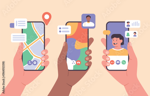 Three diverse hands are shown holding smartphones, each displaying a different digital application. The screens show a navigation map, a colorful abstract design, and a video call interface with profi
