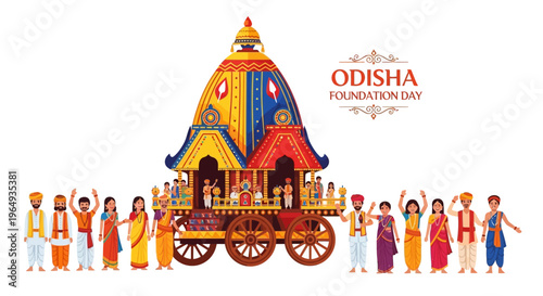 Illustration of people celebrating Odisha Foundation Day with a colorful chariot, conveying a cultural and festive mood with vibrant tones against a clean white background.