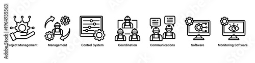 Management System web banner icon vector illustration with icons of Project Management,Management,Control System,Coordination,Communications,Software and Monitoring Software