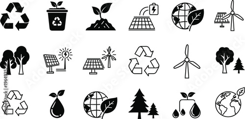 Green energy and environmental conservation icon set featuring recycle symbols solar panels wind turbines trees and globe leaves,