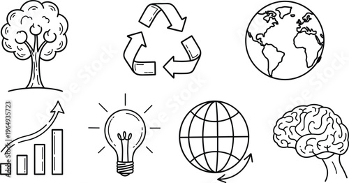 Global innovation and sustainability vector icon set featuring a tree recycle symbol earth globe growth chart and human brain,
