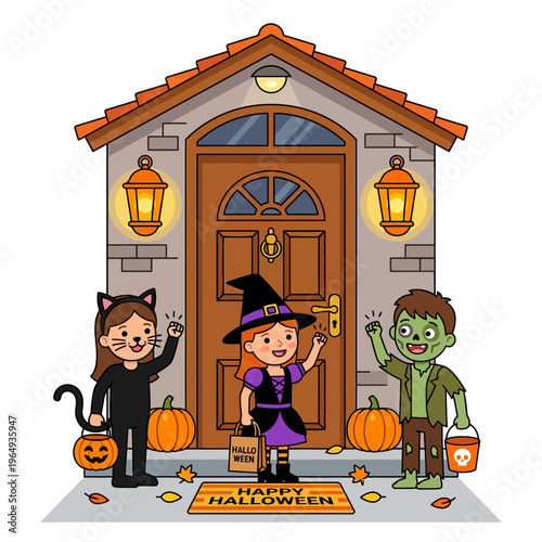 Playful Halloween trick-or-treat moment with happy children in fun costumes ringing doorbells at a festive house