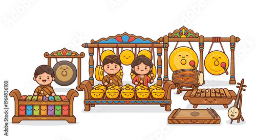Cute Kawaii Gamelan Traditional Indonesian Musical Instrument Vector Set