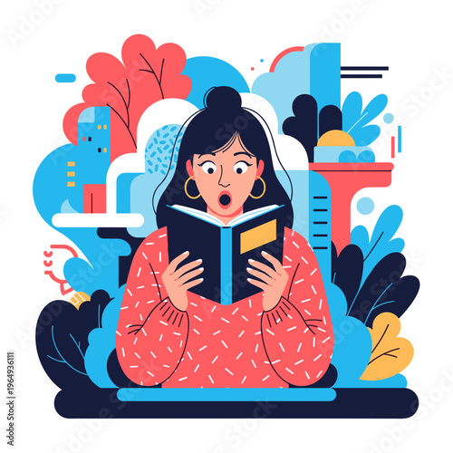 Surprised woman reading book amazed girl with open book flat vector illustration