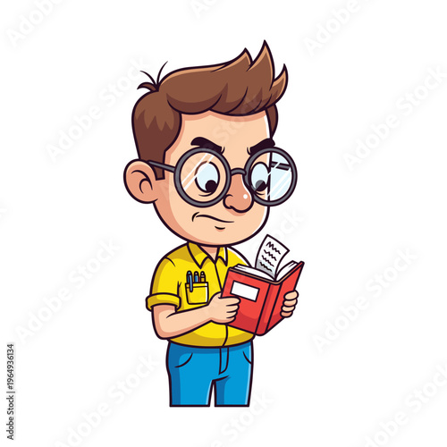 Smart Cartoon Boy Reading Book With Glasses And Pens Character Illustration