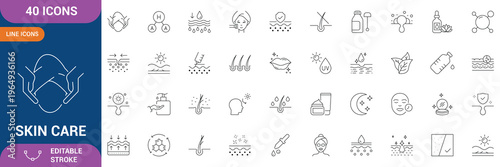 Skin Care Icon Set. Containing Moisture cream, acid, anti wrinkle serum, ceramide, collagen, retinol compound, sunscreen, hydration, skincare routine, beauty treatment  and etc. Editable stroke.