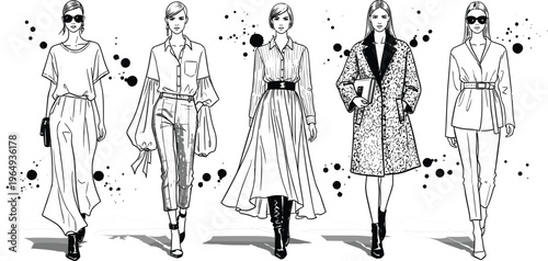 Elegant hand drawn high fashion runway models sketch with trendy outfits ink splatters and stylish feminine silhouettes,.eps