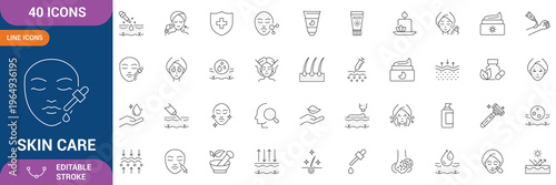 Skin Care Icon Set. Containing Moisture cream, acid, anti wrinkle serum, ceramide, collagen, retinol compound, sunscreen, hydration, skincare routine, beauty treatment  and etc. Editable stroke.