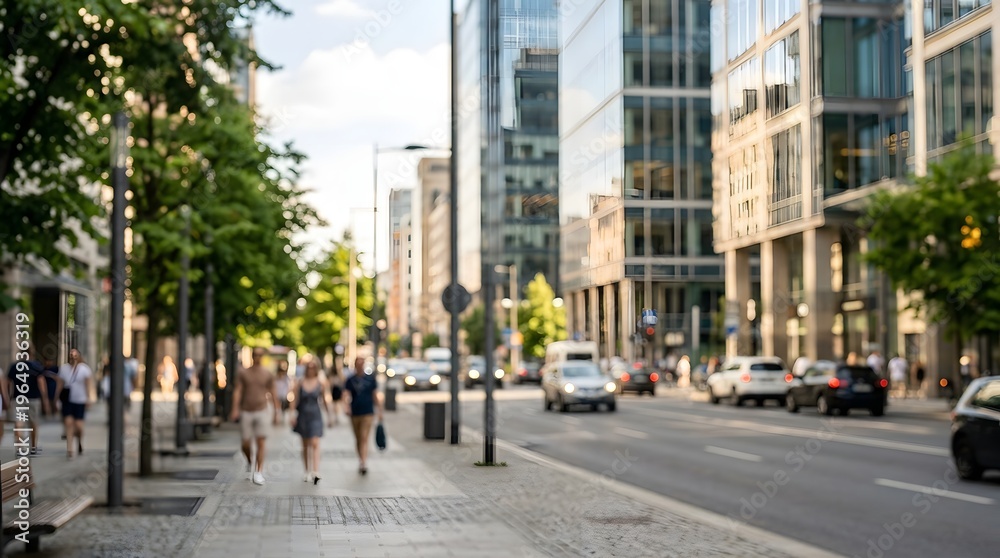 Obraz premium Urban Street Scene with People and Traffic Blurred
