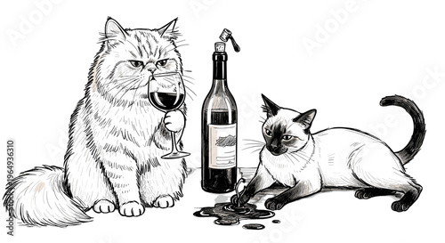 Whimsical illustration of two cats enjoying wine and spilling it with a bottle