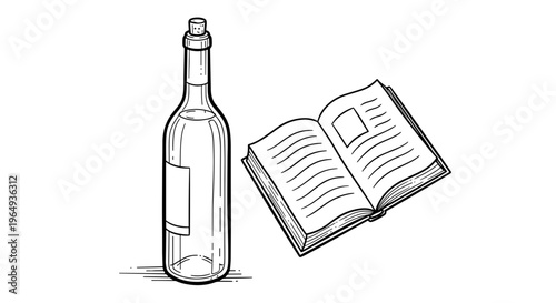 Clear glass bottle with cork stopper next to open book simple line art