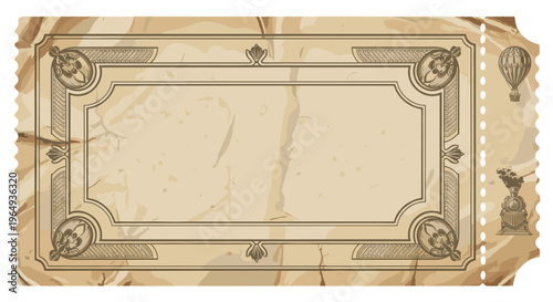 Vintage ornate ticket with blank space for text steampunk hot air balloons on side