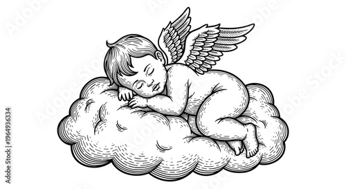 Serene winged cherub baby sleeping peacefully on a fluffy cloud in vintage