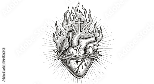 Sacred heart illustration with crown of thorns cross and flames symbolizing