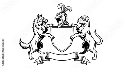 Heraldic crest with wolf and dog supporters helmet shield and banner for emblem