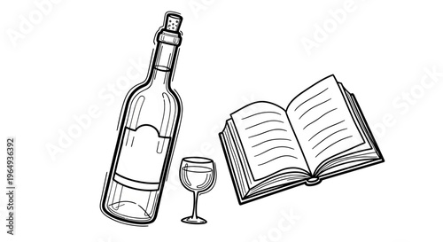 Open book with a glass and bottle of wine representing relaxation and knowledge
