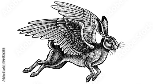 Mythical winged rabbit illustration in vintage engraving style fantasy creature