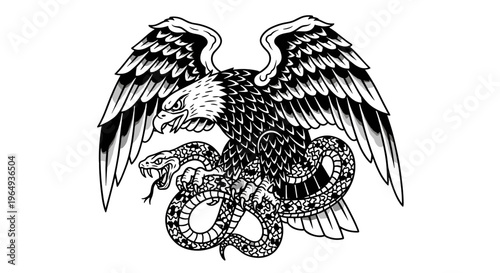Powerful eagle with outstretched wings fiercely gripping a coiled snake