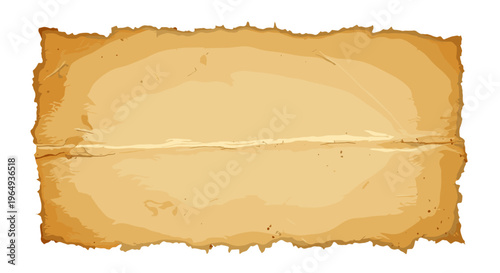 Torn aged parchment paper with burnt edges and folded crease isolated on white