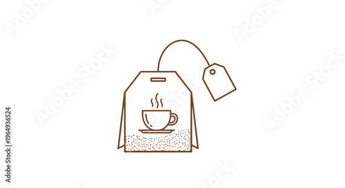 Simple line art illustration of a tea bag with a steaming cup of hot beverage