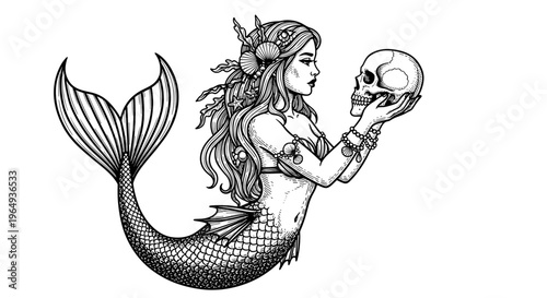 Mysterious mermaid holding a human skull contemplating mortality fantasy art