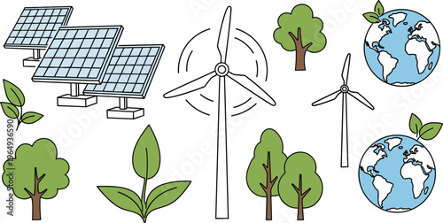 Hand drawn green energy and ecology vector illustration set featuring solar panels wind turbines trees and planet earth,