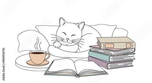Cozy scene with sleeping cat on sofa next to coffee and open book serene relaxation